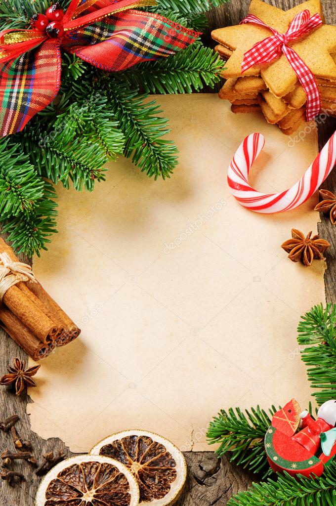 Frame with Christmas tree branches and vintage decorations — Stock