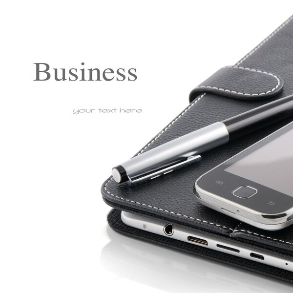 Business concept. Mobile phone, tablet pc and pen