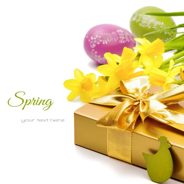 Easter setting with gift box and yellow daffodils — Stock Photo, Image