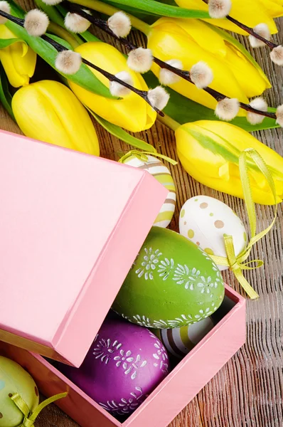 Colorful Easter eggs in gift box — Stock Photo, Image