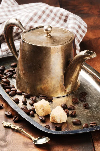 Vintage coffee pot on silver tray — Stock Photo, Image