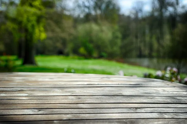 Table en bois vide dans le jardin du printemps Image En Vente