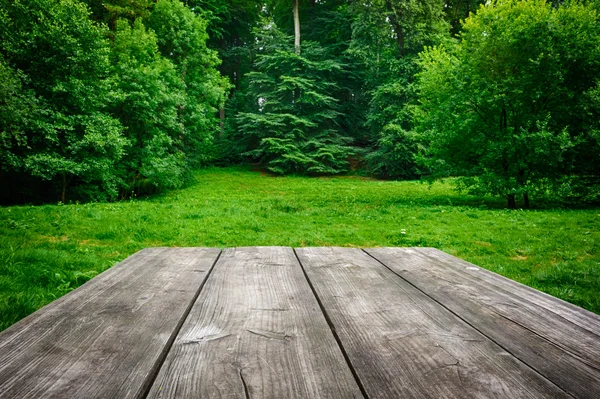 Tavolo in legno con sfondo verde natura — Foto Stock