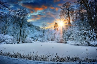 Sunset over winter forest lake clipart