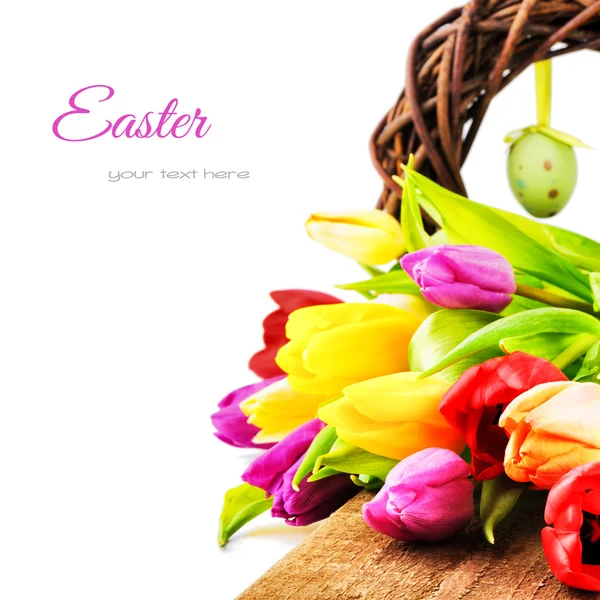 Ustawienie Wielkanoc z kolorowe tulipany — Stock fotografie