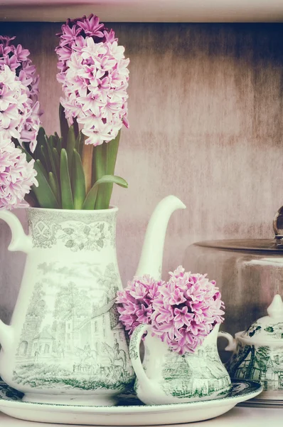 Retro setting with pink hyacinths — Stock Photo, Image