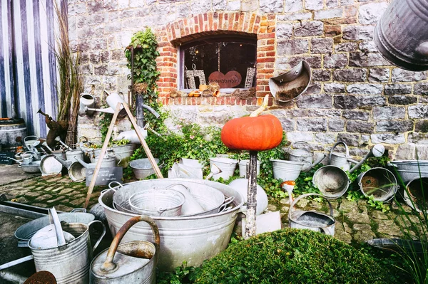 Vintage Bahçe aletleri ile arka bahçede — Stok fotoğraf