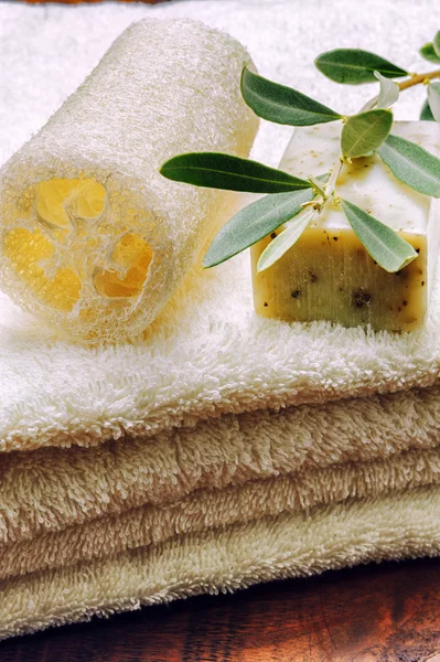 Setting with natural olive soap — Stock Photo, Image