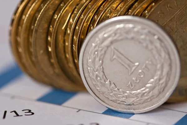 Кучи золотых монет на белом фоне, польские злотые монеты — стоковое фото