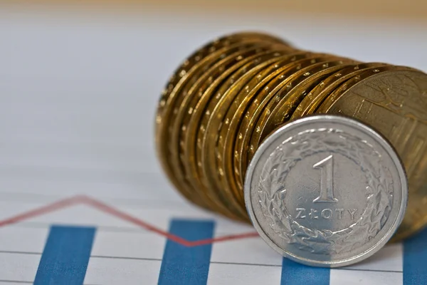 Piles of golden coins on white background, polish zloty coins — Stock Photo, Image