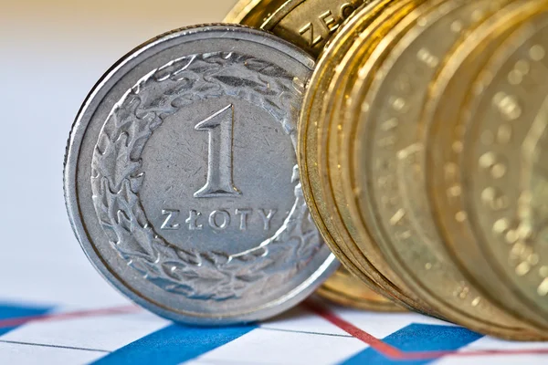 Pilas de monedas de oro sobre fondo blanco, monedas zloty pulido — Foto de Stock