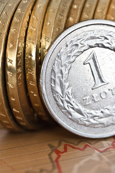 Högar av gyllene mynt på vit bakgrund, polska zloty mynt — Stockfoto