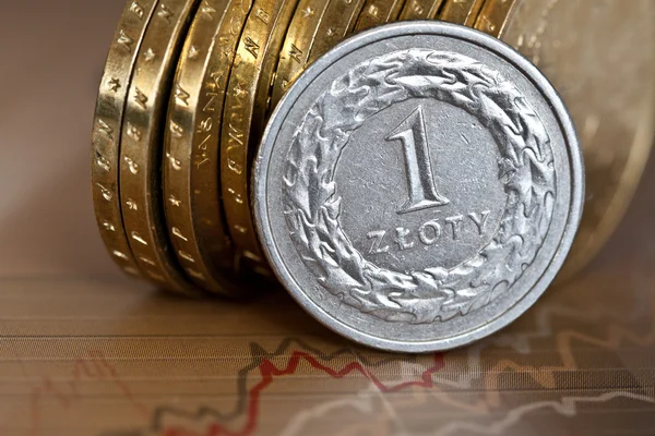 Pilas de monedas de oro sobre fondo blanco, monedas zloty pulido — Foto de Stock