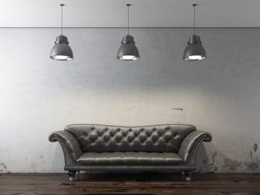 grunge duvarın önünde siyah kanepe