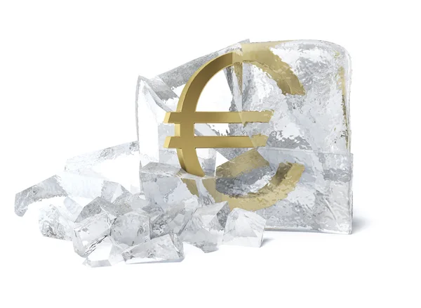 Golden Euro symbol frozen inside an ice cube — Stock Photo, Image