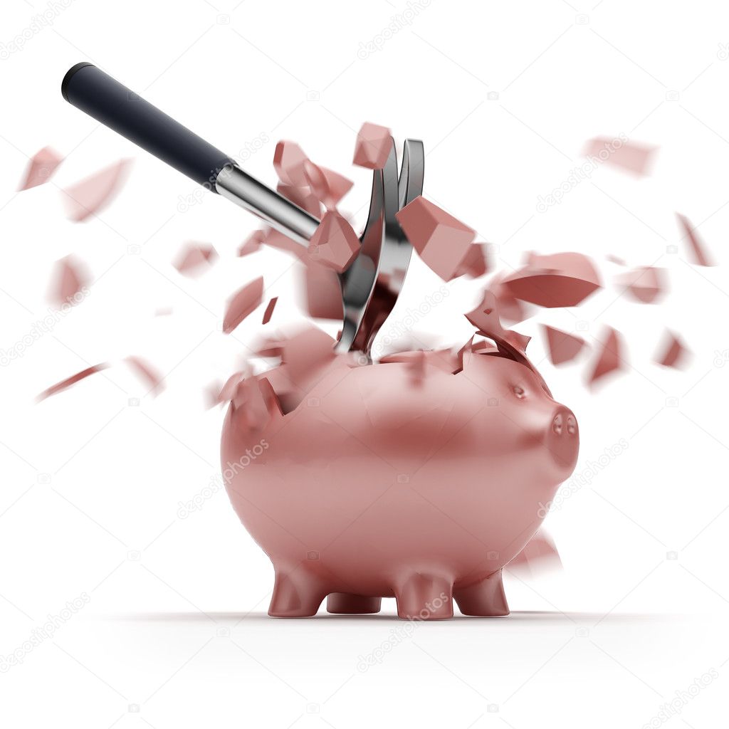 Broken Piggy Bank with hammer