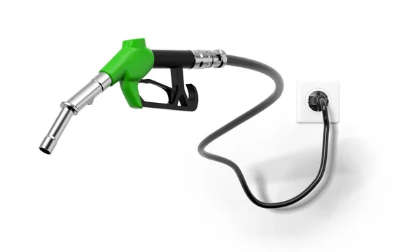 A green fuel nozzle from electrical outlet — Stock Photo, Image