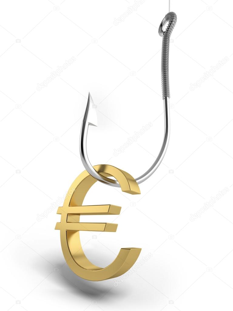 Fishing hook with golden symbol of euro