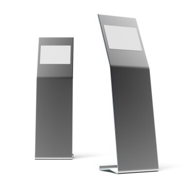Two white metal advertising stands