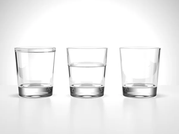 Vasos de agua llenos, medio y vacíos — Foto de Stock