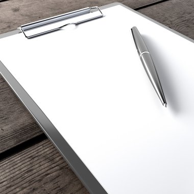 Clipboard with pen on the wooden table clipart