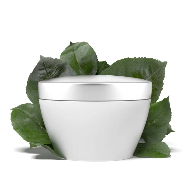 Cosmetic container with green leafs — Stock Photo, Image