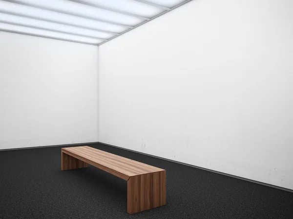 Panca in legno in una galleria vuota — Foto Stock