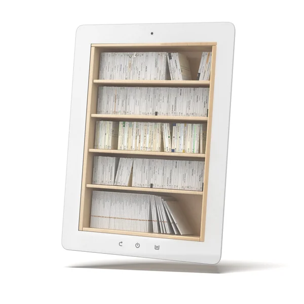 Weiße Tablette mit Bücherregal — Stockfoto