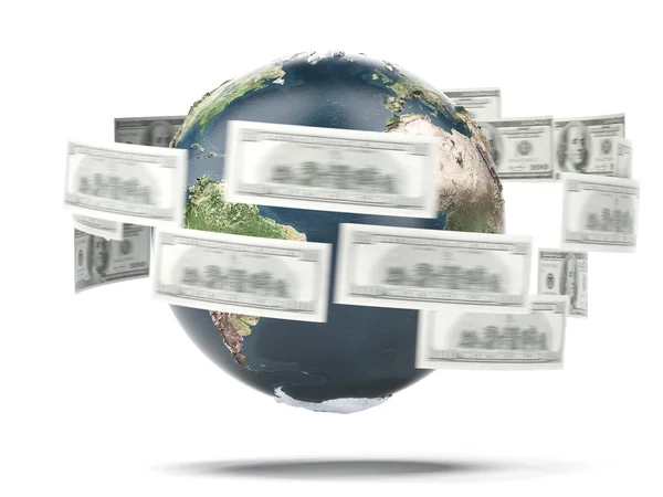 Flying dollar bills around world — Stock Photo, Image