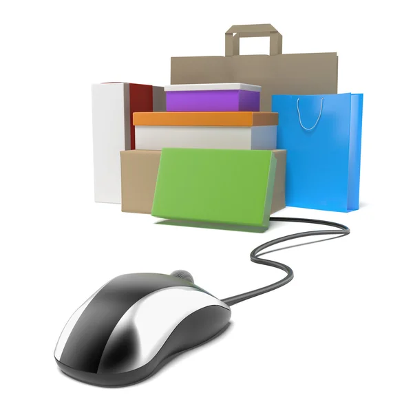 Mouse con pila di scatole. shopping su internet — Foto Stock