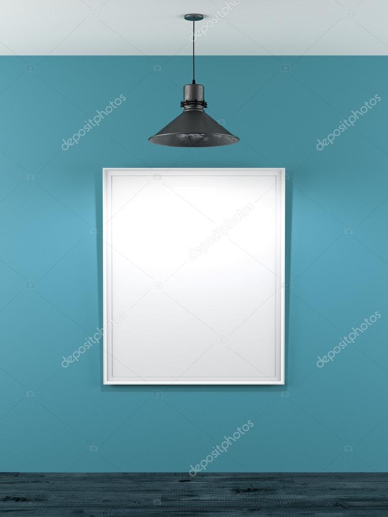 Blank frame in blue room with ceiling lamp