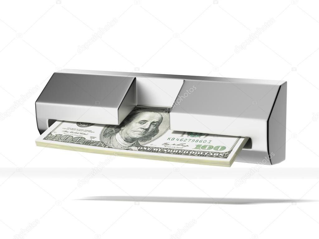 Cash machine and stack of dollars