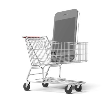 alışveriş sepeti içinde cep telefonu