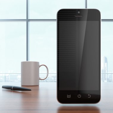 Smartphone, kahve ve kalem Ofis Masası üzerinde