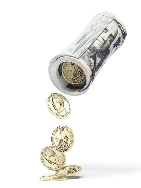 Roll of dollar notes and coins — Stock Photo, Image