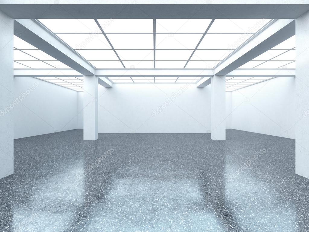Bright empty gallery interior with dark floor