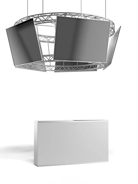 Круговой выставочный стенд с телевизором и столом — стоковое фото