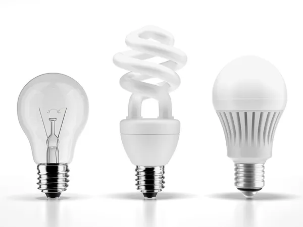 Lampadine al tungsteno, fluorescenti e LED — Foto Stock