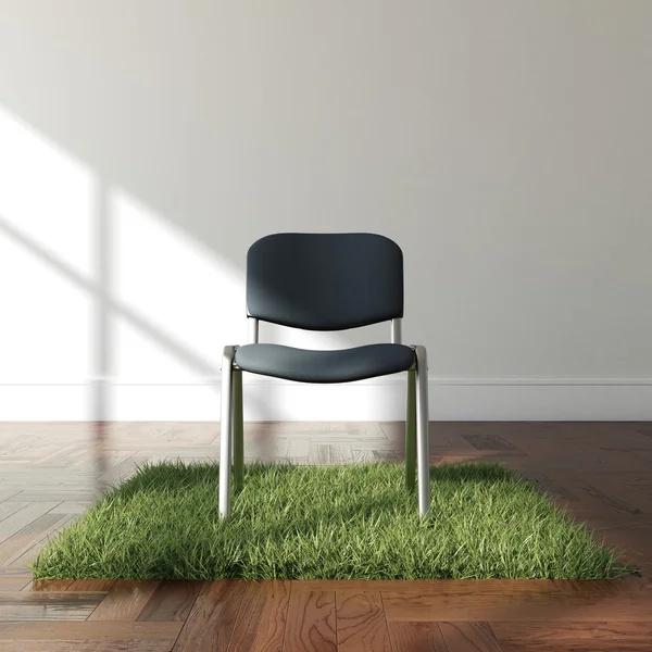 Intérieur avec tapis d'herbe et chaise — Photo