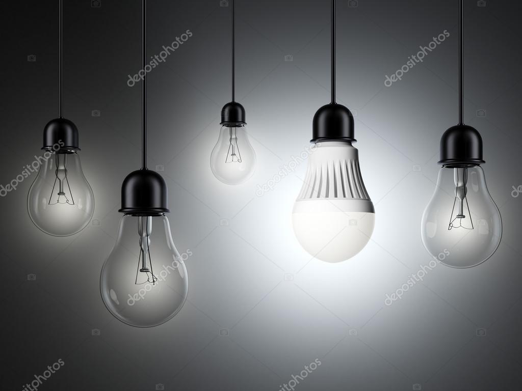 Reihe von Glühbirnen und glühenden LED-Lampen – Stockfoto © ekostsov  #46050491, image size:1024x768