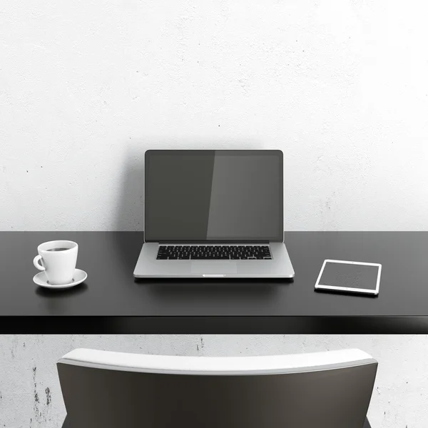 Workplace with laptop on white table — Stock Photo, Image