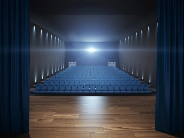 Stage in cinema with blue seats — Stock Photo, Image