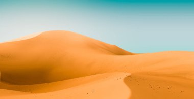 Kontrastlı gökyüzü olan çöl manzarası. Sarı kumullar ve mavi gökyüzü. Asgari soyut arkaplan. 3d oluşturma