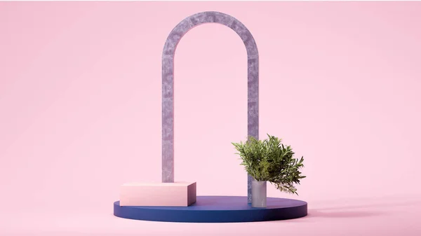 Arco gris mármol y podio redondo azul sobre fondo rosa cerca de una pequeña palmera. Diseño mínimo. Copiar espacio. Espacio vacío. renderizado 3d. — Foto de Stock
