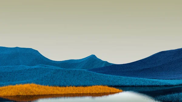 Surrealista paisaje de montañas con picos azules y cielo verde. Fondo abstracto mínimo. renderizado 3d — Foto de Stock