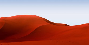 Koyu kırmızı kumullar ve mavi gökyüzü. Kontrastlı gökyüzü olan çöl manzarası. Asgari soyut arkaplan. 3d oluşturma