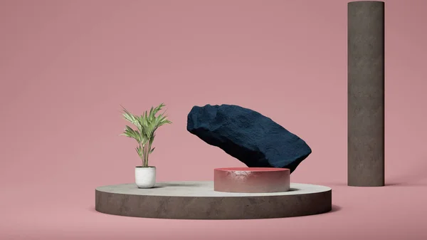 Темно-синій камінь, круглий подіум на рожевому тлі з маленькою пальмою. Мінімальний дизайн. 3D візуалізація . — стокове фото