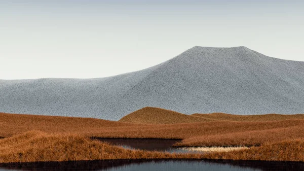 Surrealista paisaje de montañas con picos grises, anaranjados y cielo pálido. Fondo abstracto mínimo. Superficie lanuda con un ligero ruido. renderizado 3d — Foto de Stock