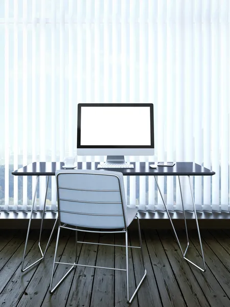 Interieur met computer en blinds op venster — Stockfoto