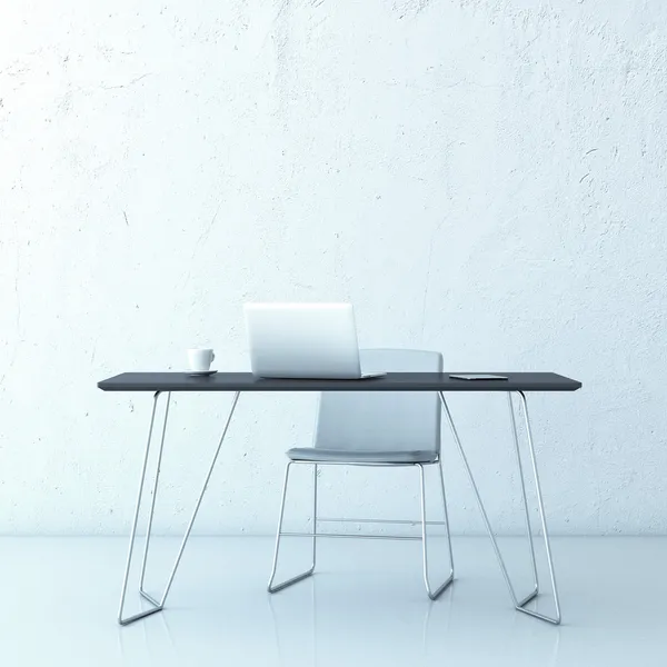 Interior branco com laptop na mesa — Fotografia de Stock
